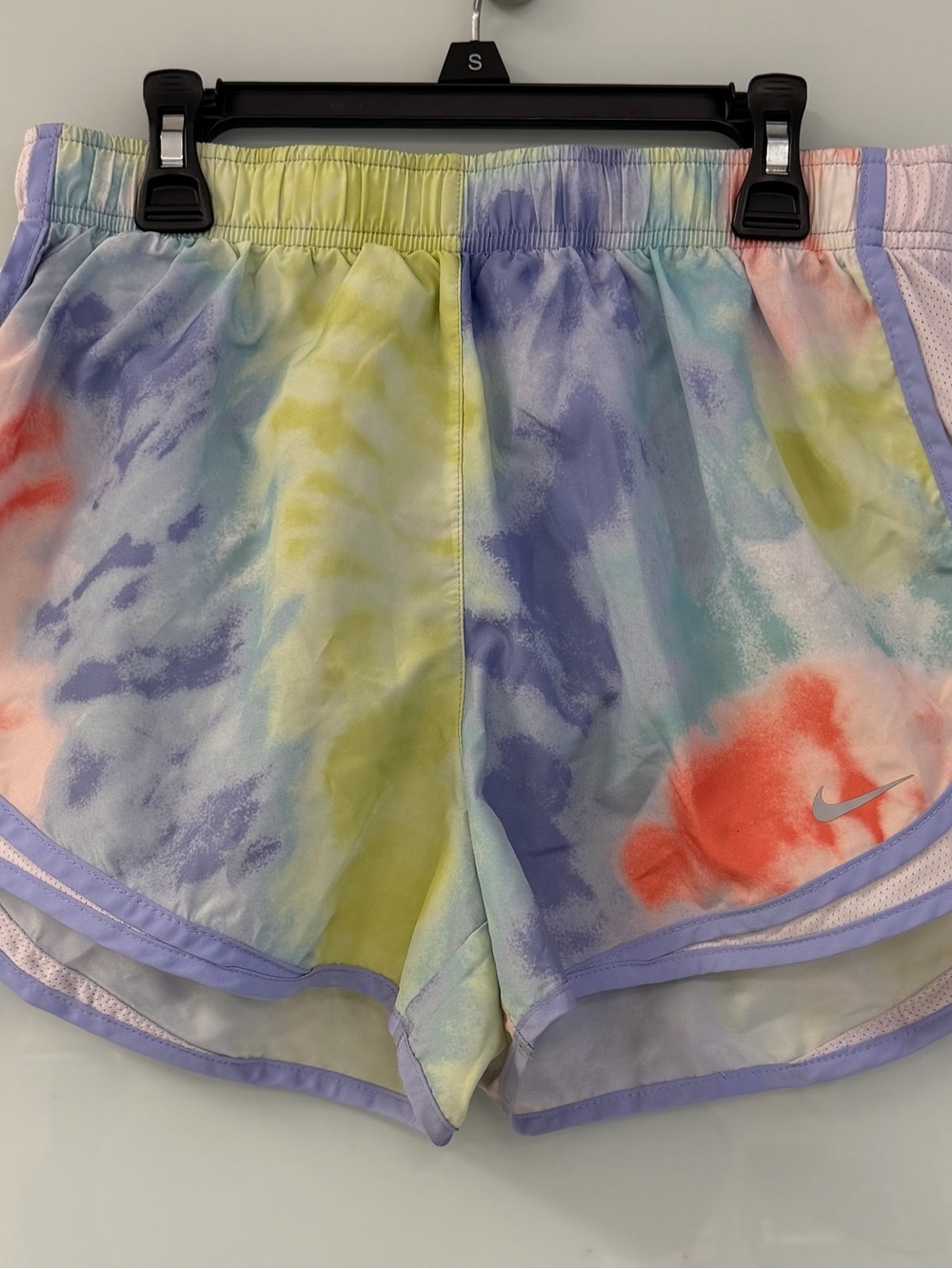Nike Women's Pastel Tie-Dye Athletic Shorts with Purple Trim